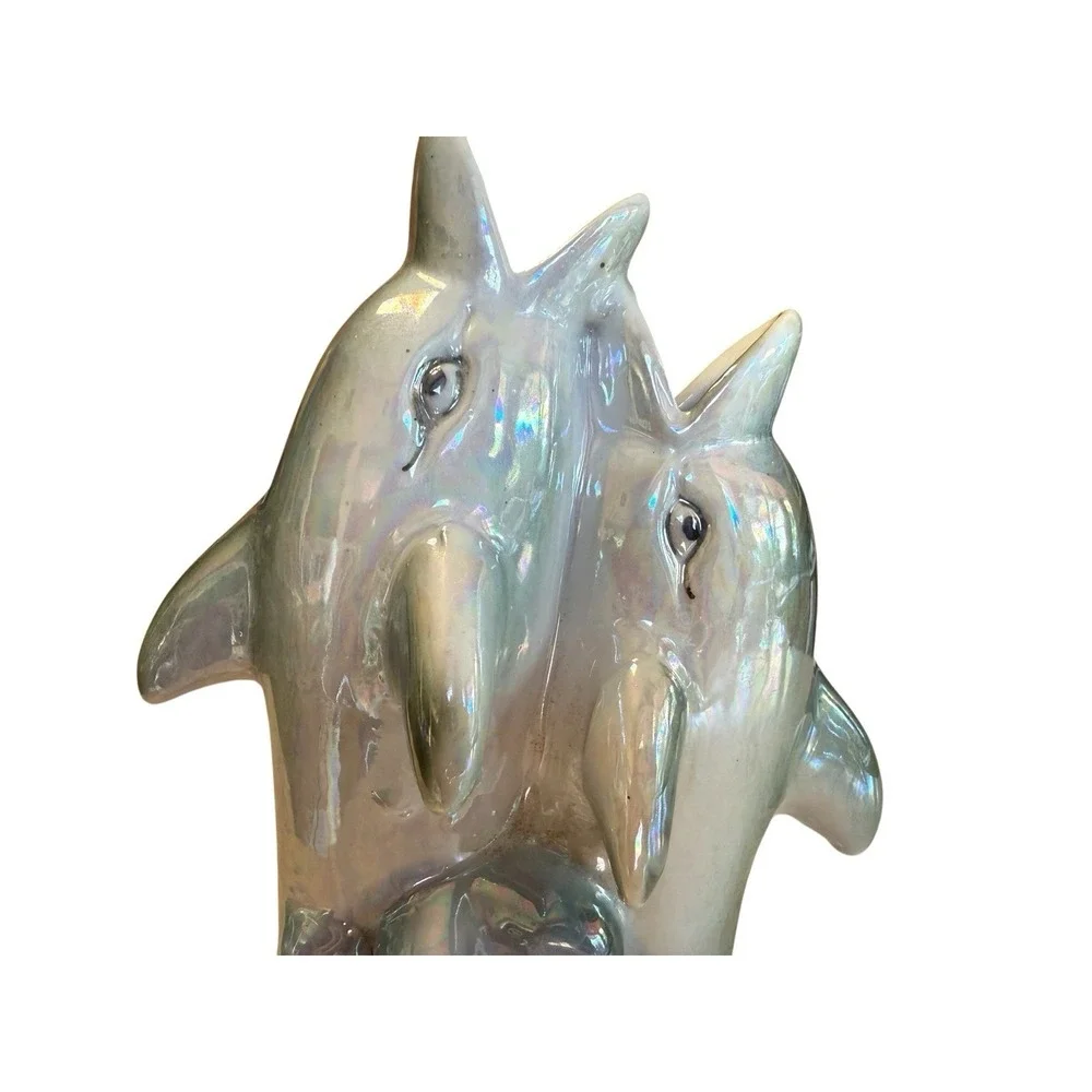 Vintage Iridescent Lusterware Two Dolphin Double Mouth Bud Vase Made in China 8